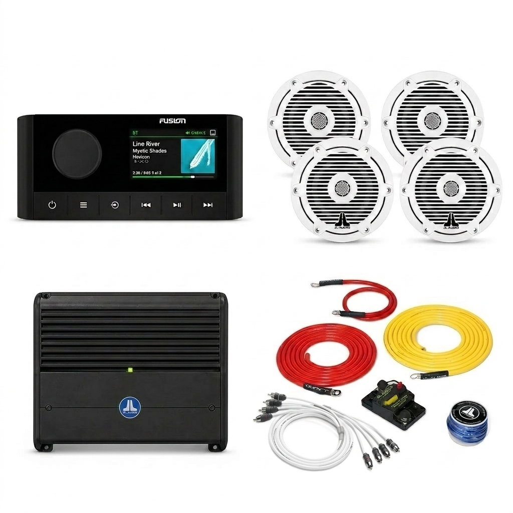 JL Audio Complete Marine Audio Kit | Fusion MS-RA210, 4 M3 6.5" Speakers, XDM400/4 & Wiring Kit - 10'