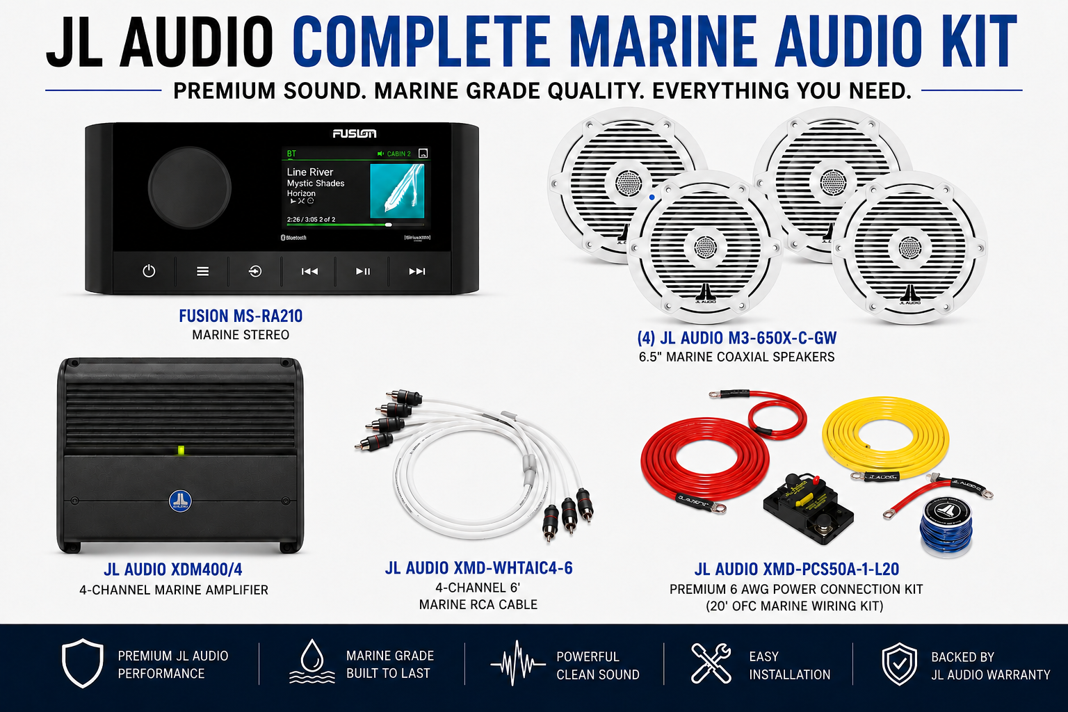 JL Audio Complete Marine Audio Kit | Fusion MS-RA210, 4 M3 6.5" Speakers, XDM400/4 & Wiring Kit - 20'