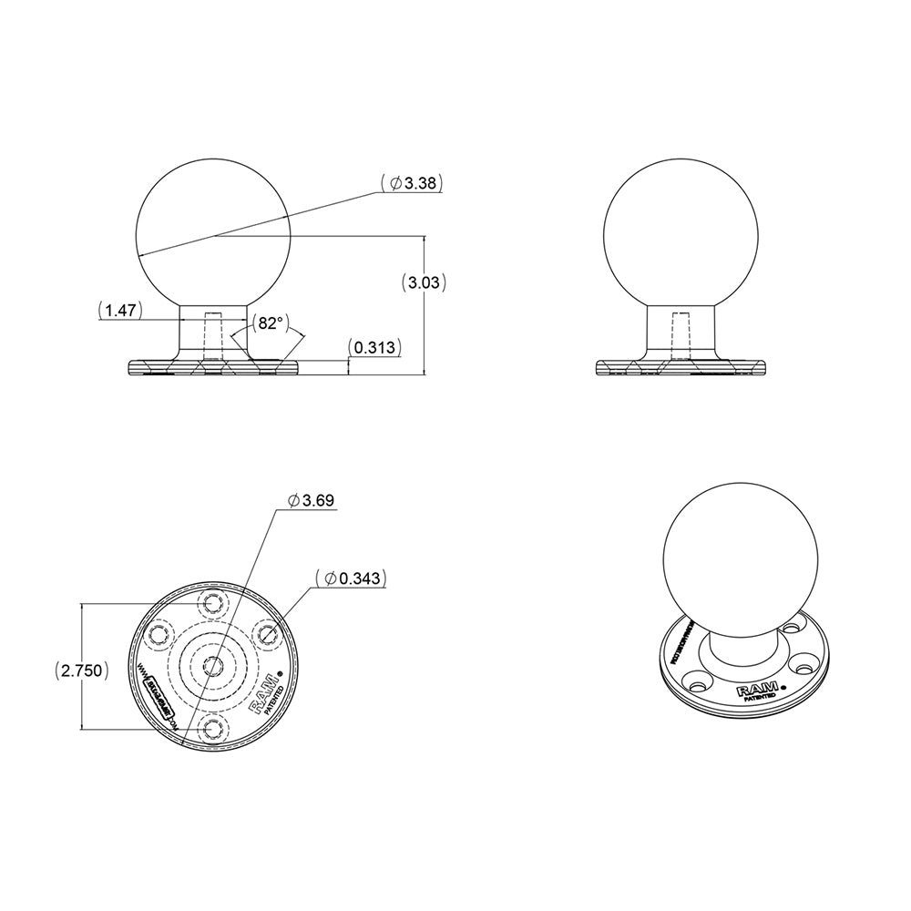 RAM Mount 368 Round Base w338 E Size Ball RAME202U