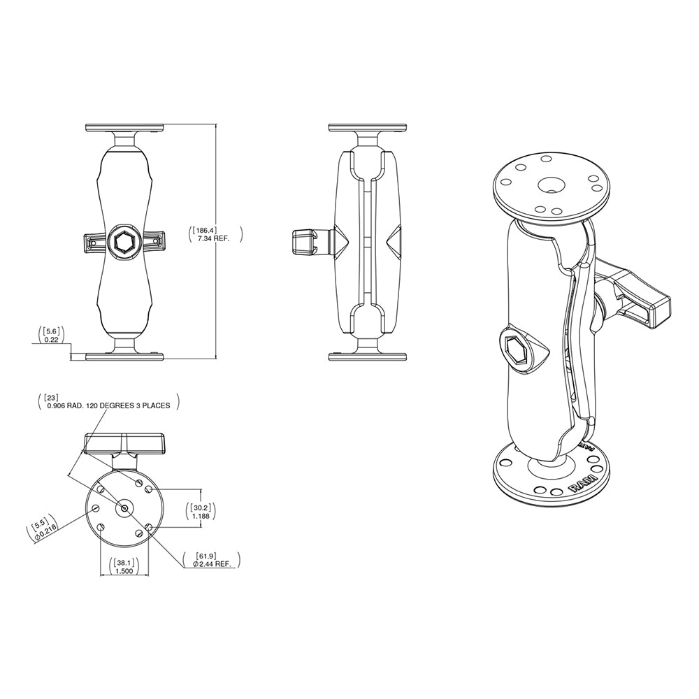 RAM Mount 15 Ball Double Socket Arm w2 25 Round Bases  AMPs Pattern RAM101U