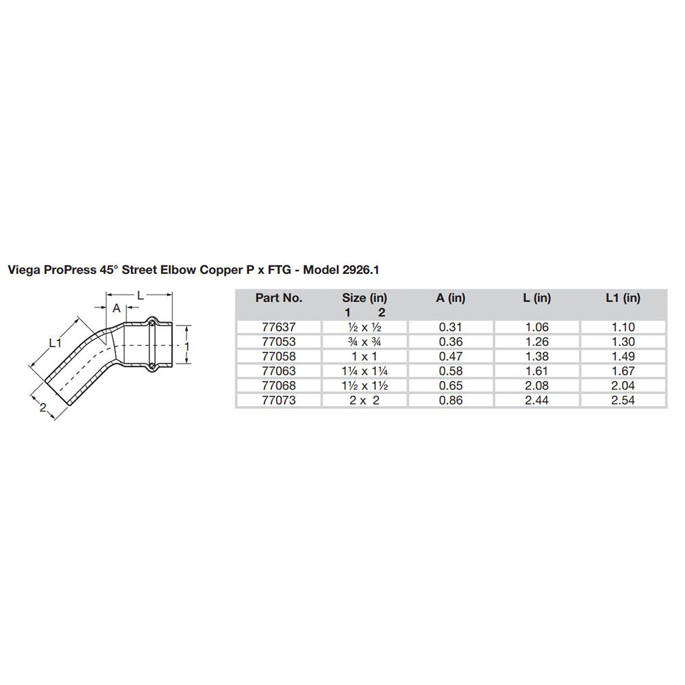Viega ProPress 12  45 Copper Elbow  StreetPress Connection 77637