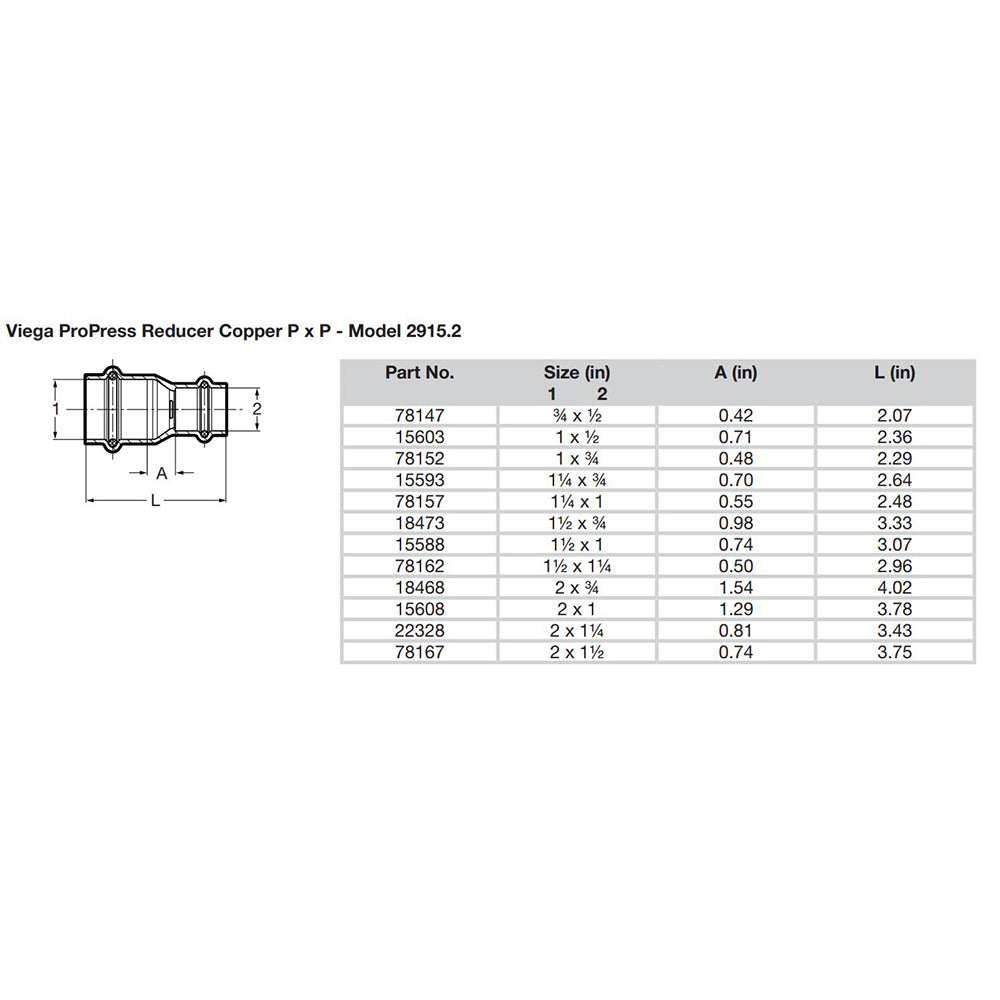 Viega ProPress 34 x 12 Copper Reducer  Double Press Connection  Smart Connect Technology 78147