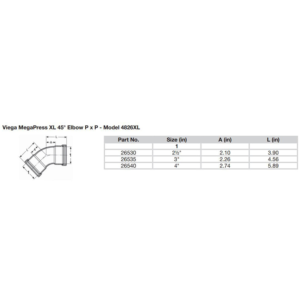Viega MegaPress 212 45 Carbon Steel Elbow wFKM  Double Press Connection  Smart Connect Technology 26530