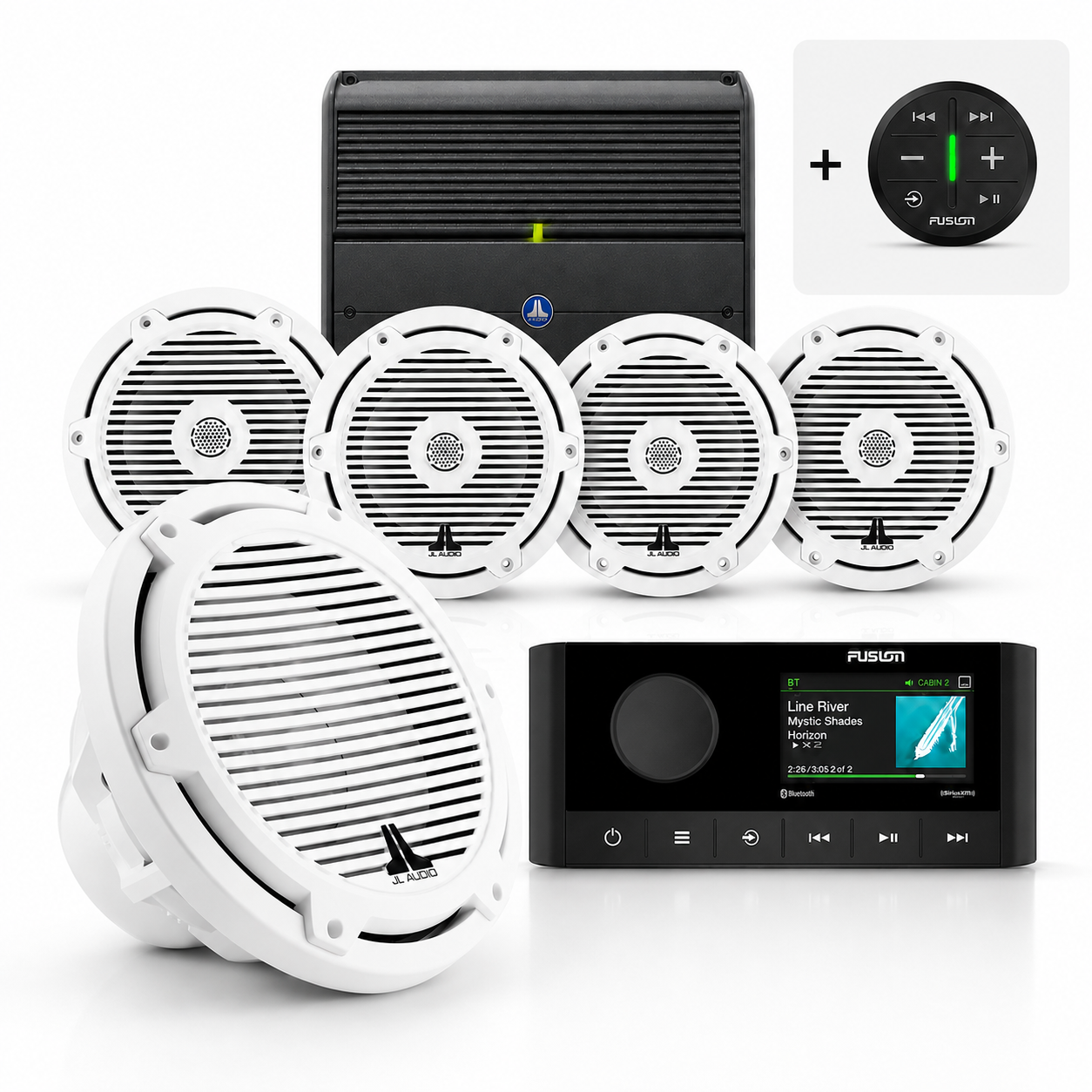 JL Audio M3 Marine Audio Bundle w/ Fusion MS-RA210, 4 M3 Speakers, XDM700/5 Amp & 10" Subwoofer