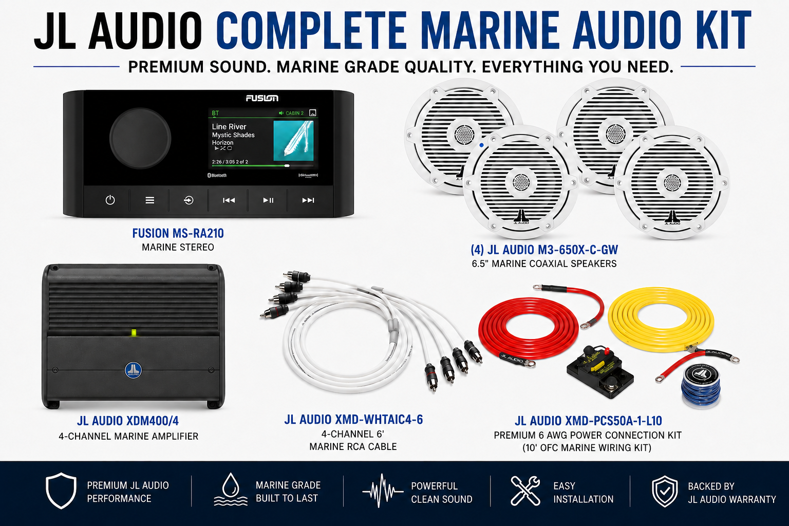 JL Audio Complete Marine Audio Kit | Fusion MS-RA210, 4 M3 6.5" Speakers, XDM400/4 & Wiring Kit