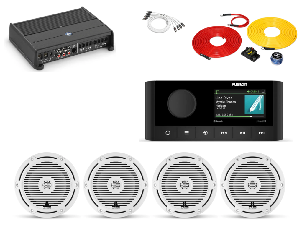 JL Audio Marine Bundle | Fusion MS-RA210, JL XDM400/4, 4 JL M3-6.5” Speakers + 20’ Wiring Kit