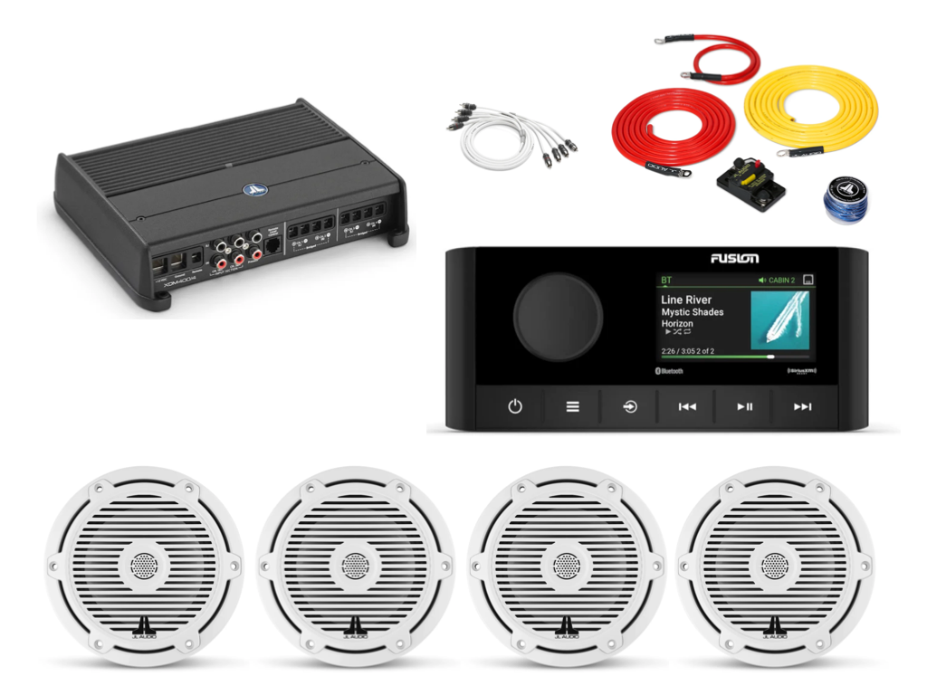 JL Audio Marine Bundle | Fusion MS-RA210, JL XDM400/4, 4 JL M3-6.5” Speakers + 10’ Wiring Kit