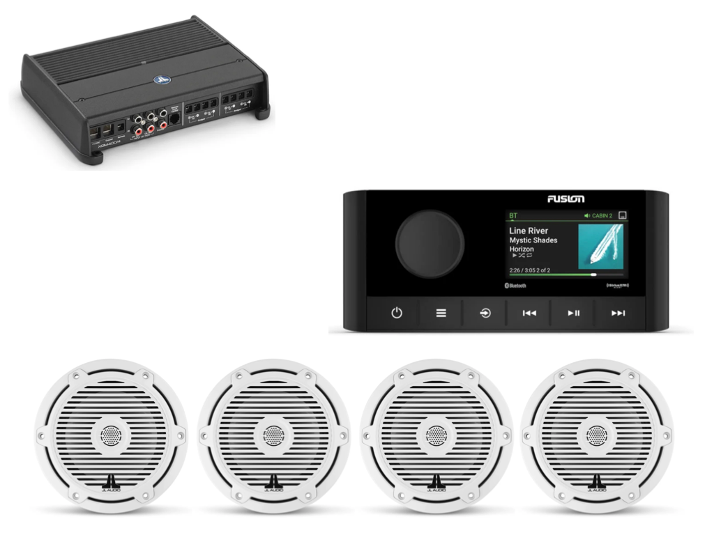 JL Audio Marine Audio Bundle | Fusion MS-RA210, XDM400/4 & 4 M3 6.5" Speakers