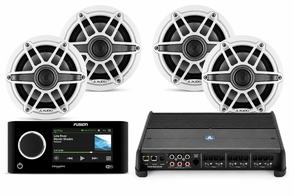 JL Audio M6 Complete Marine Audio Bundle w/ Fusion Apollo RA770, 4 M6 6.5" White Sport Marine Speakers & XDM600/6