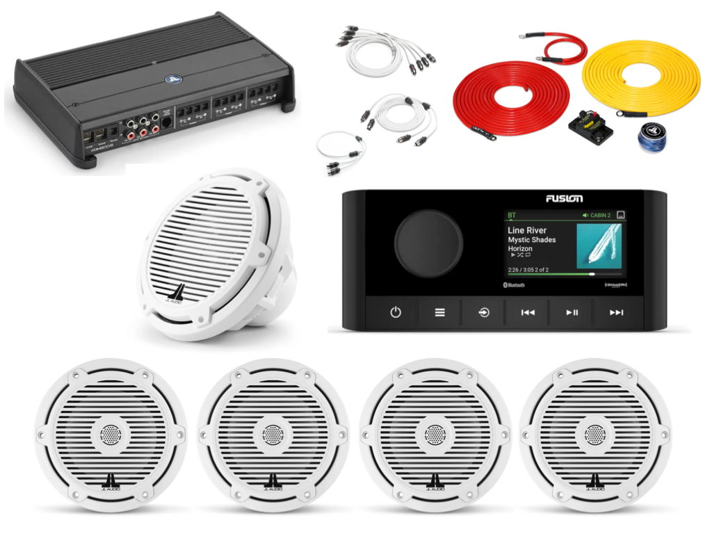 JL Audio Marine Bundle | Fusion MS-RA210, JL XDM600/6, 10” JL M3 Sub & 4 JL M3-6.5” Speakers + 20’ Wiring Kit