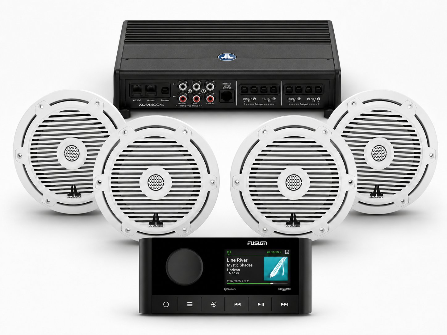JL Audio Marine Bundle - Fusion MS-RA210, XDM400/4 & 4 M3 Speakers