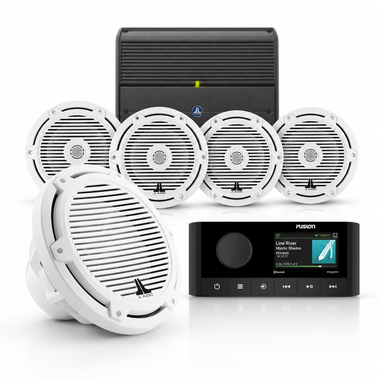 JL Audio M3 Marine Audio Bundle w/ Fusion MS-RA210, 4 M3 Speakers, XDM700/5 Amp & 10" Subwoofer