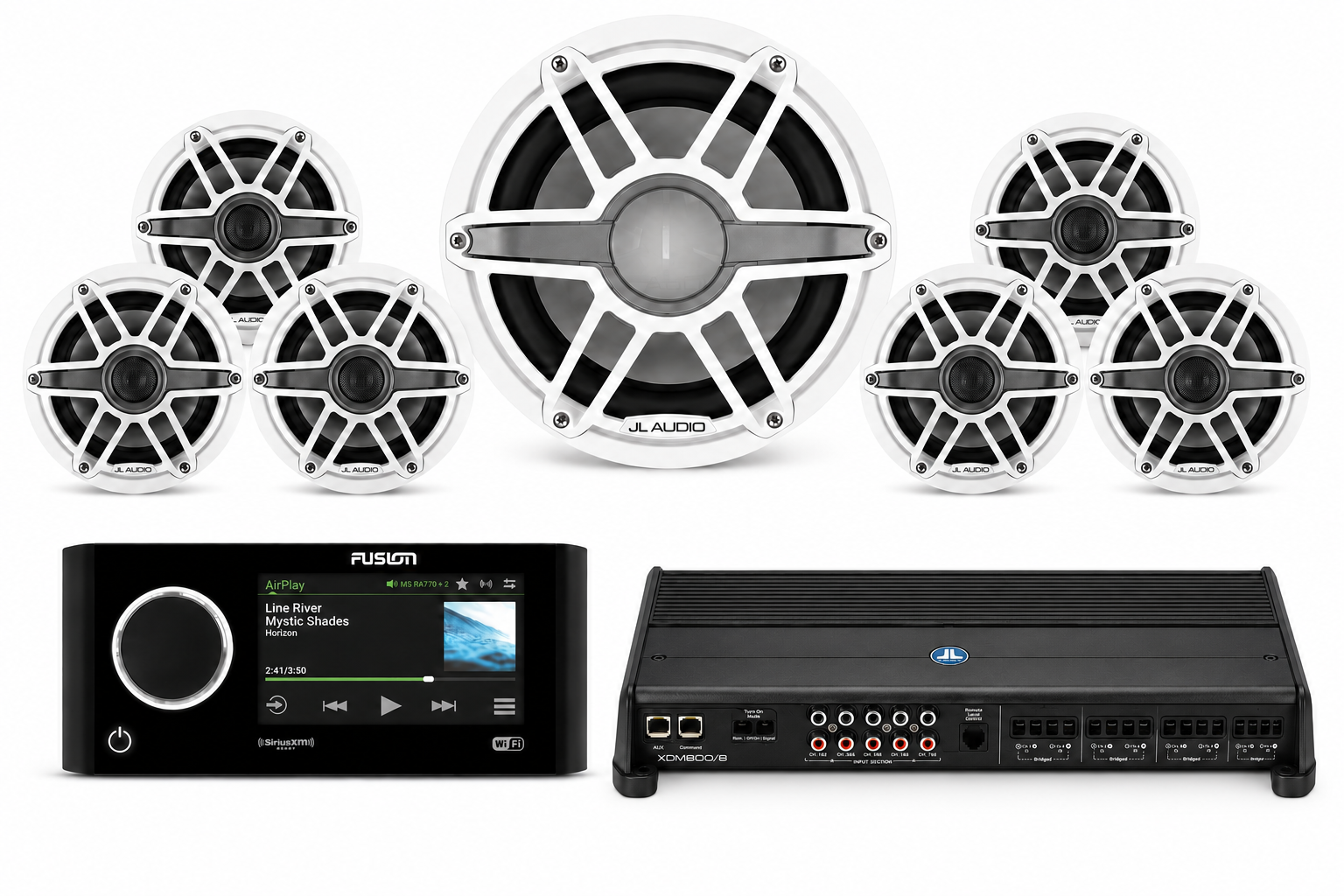 JL Audio M6 Marine Audio Bundle w/ Fusion Apollo MS-RA770, 6 M6 Speakers, 10" M6 Sub & XDM800/8 Amp